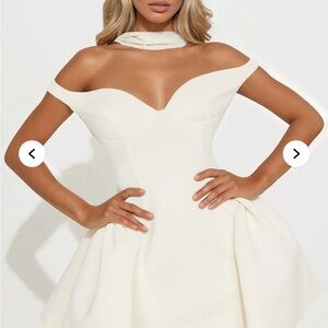 Fashion Nova Grand Beauty Off-Shoulder Mini Dress in Cream